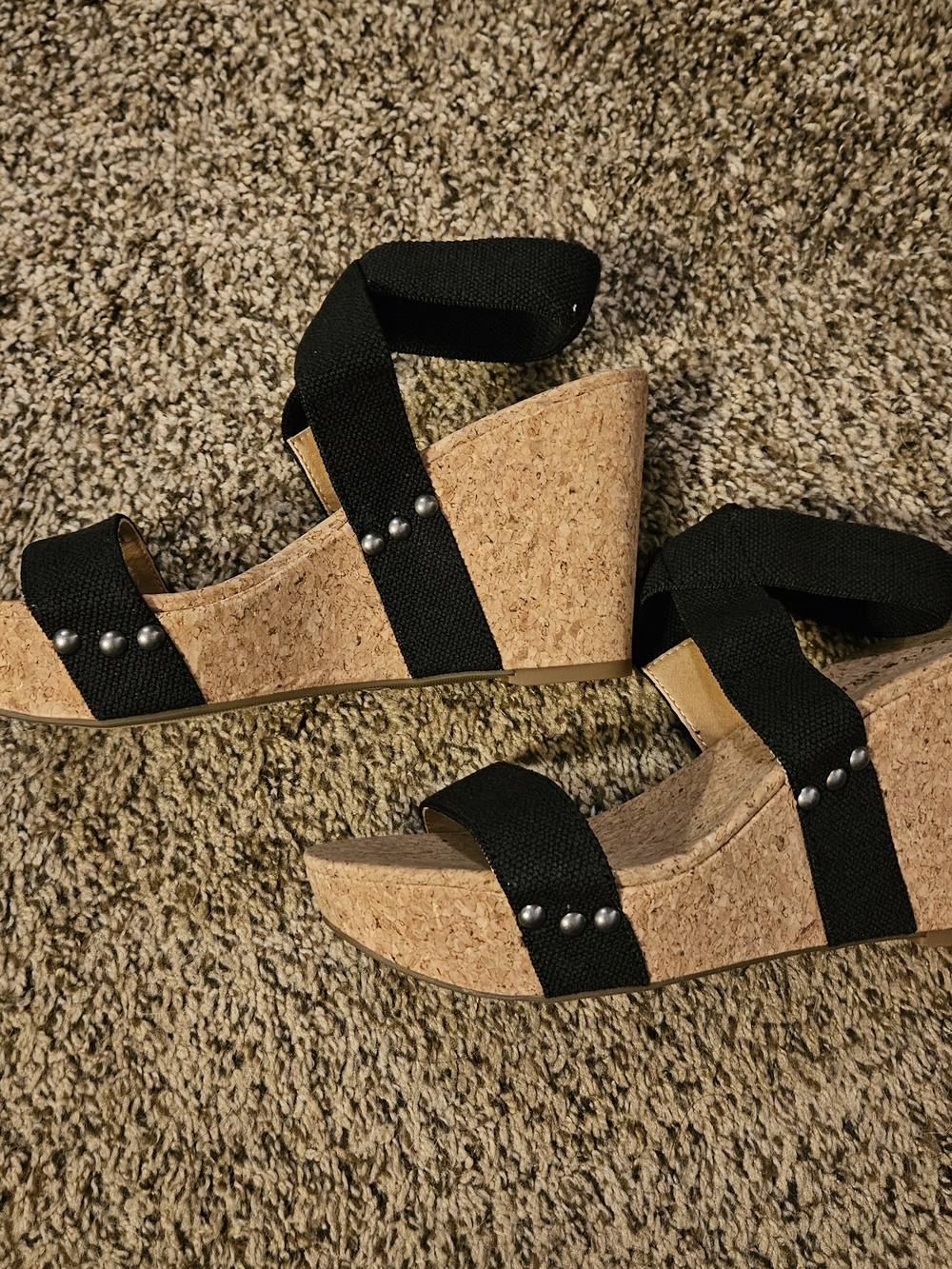 Lucky Brand Black Cork Wedge Sandals with Silver Studs